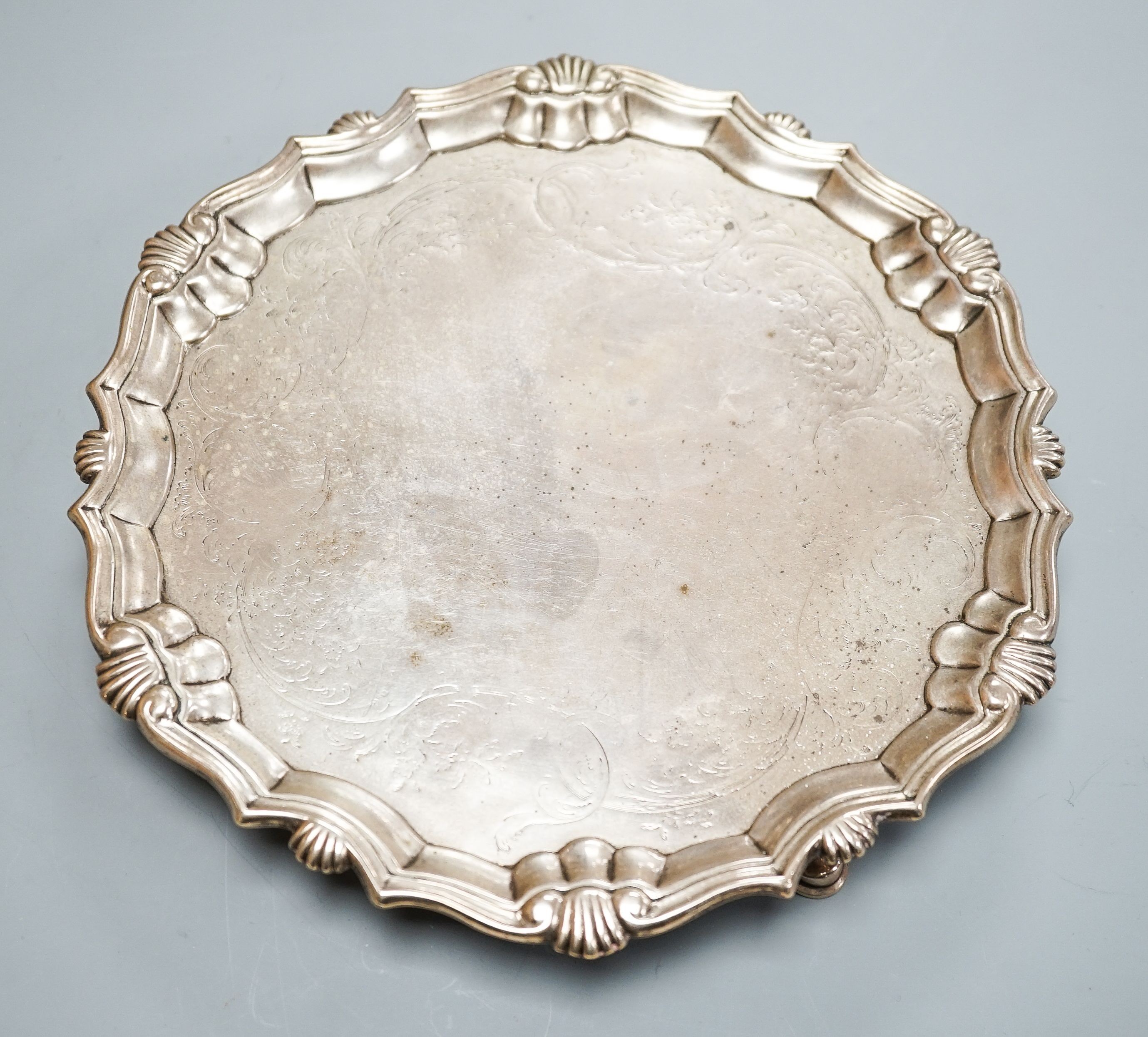 A George II silver waiter, with later engraved decoration, Robert Abercrombie, London, 1739, 20.7cm, 12.5oz.